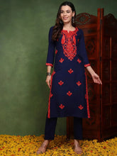 Women Blue Viscose Rayon Solid Embroidered Chikankari Straight Kurta